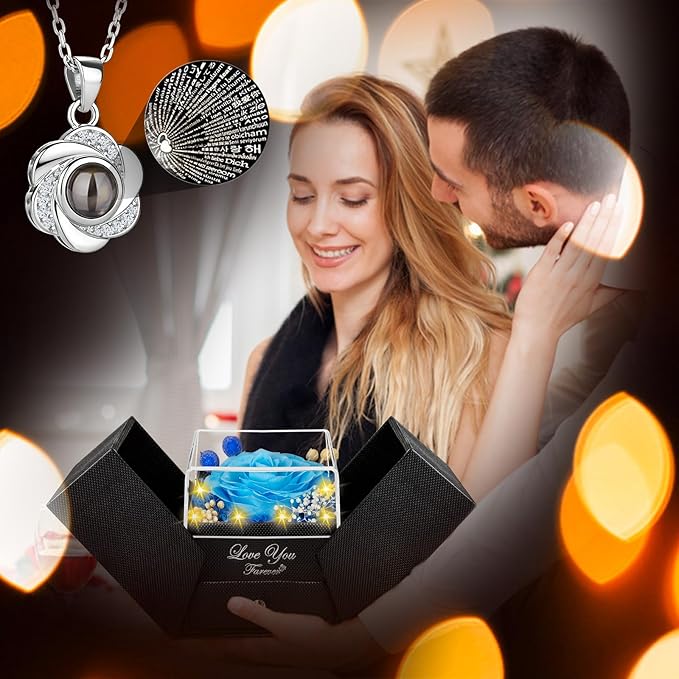 ENERLEAF Preserved Blue Real Rose-Eternal Flowers Rose Gifts for Mom Grandma Wife Girlfriend on Mothers Day Birthday Valentines Christmas Anniversary Romantic Gifts for Her with I Love You Necklace