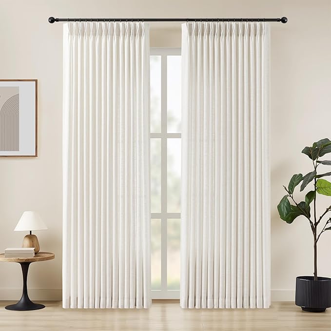 Pinch Pleated Linen Curtains 84 Inches Long for Living Room, Beige White Light Filtering Pleat Drapes Textured Thick Memory Trained Semi-Sheer Window Curtain with Hooks for Bedroom Farmhouse 2 Panels