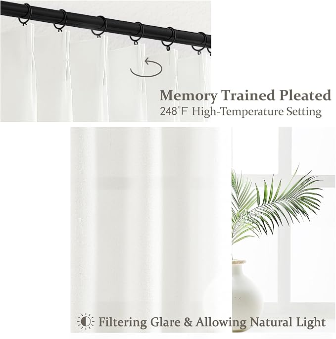 High Ceiling Pure White Extra Long 120 Inch Curtains for Sliding Glass Doors 2 Panels Set, Memory Trained Pinch Pleat Thick Linen Curtain for Living Room Light-Filtering Sheers Lush Decor Viral Drapes