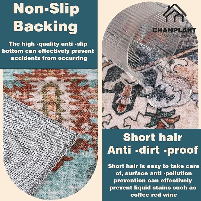 CHAMPLANT Area Rug 6'x9' Washable Vintage Traditional Floor Cover Thin Retro Kitchen Indoor Distressed Non Slip Carpet for Living Room Bedroom Dining Room