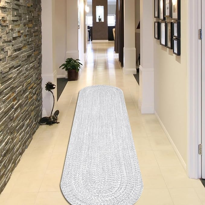 Superior Indoor/Outdoor Runner Rug, Dual-Tone Reversible Braided Floor Decor for Patio, Front Porch, Entryway, Living Room, Office, Nursery, Artistic Home, 2' x 8' Oval, Slate-White