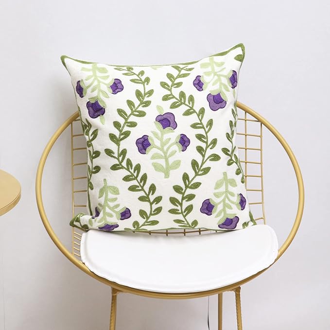 Set of 2 Embroidered Decorative Throw Pillow Covers Couch Square Pillowcases Cushion for Bedroom Sofa Farmhouse Decor 18x18 Inch (Purple Floral)