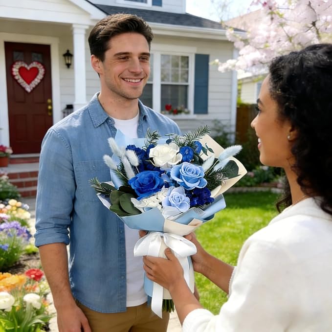 FNCHAI Preserved Roses Bouquet – Flowers for Delivery, Valentines Day Gifts for Him, Long-Lasting Romantic Real Roses for Anniversary, Graduation, Father’s Day & Beach Weddings (Blue)