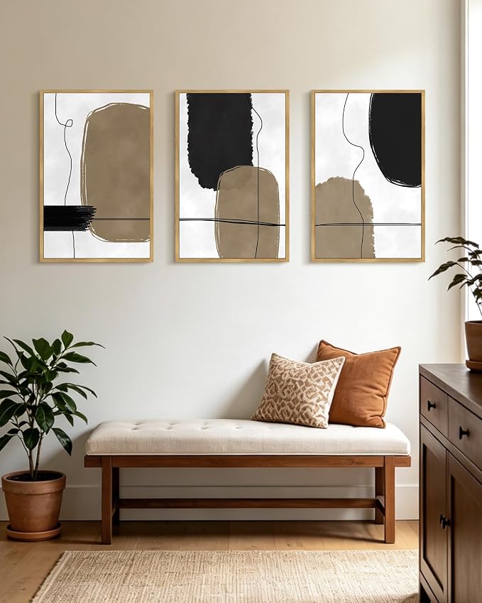 PHOPAGO Abstract Framed Wall Art Large 16x24in Neutral Beige Mid Century Textured Artwork Black Minimalist Line Modern Illustrations Prints Home Decor - Natural Framed