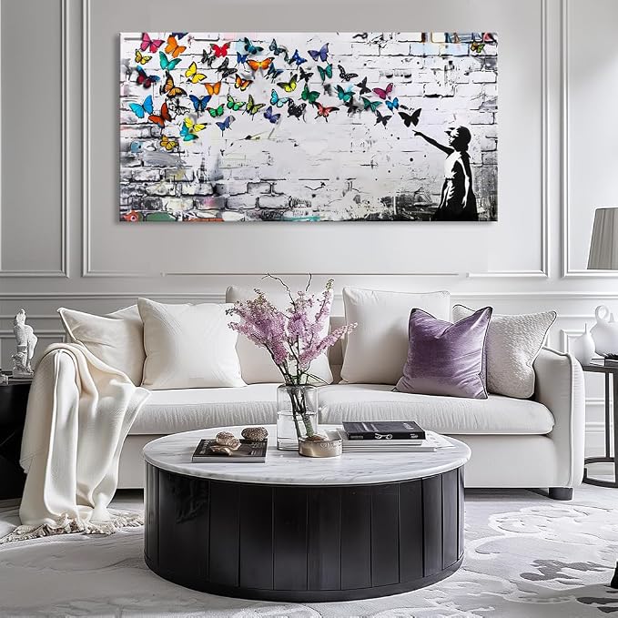 Colorful Graffiti Wall Art Funny Butterfly Paintings Banksy Street Art Mural Pop Art Home Office Wall Decor Framed Canvas Wall Decor for Living Room Ready to Hang -58x28in