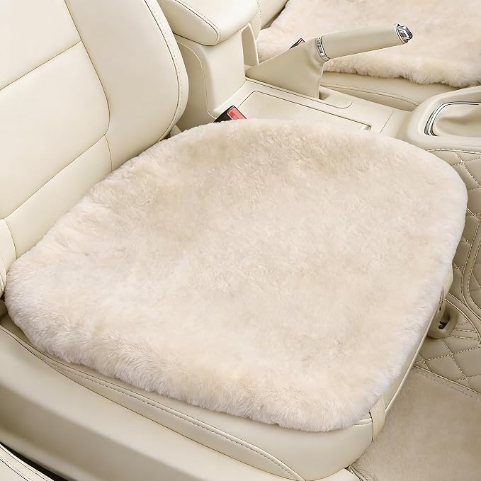 OGLAND Fuzzy Genuine Sheepskin Car Seat Cover for Auto Fluffy Interior Accessories Cushion with Soft Wool Natural Fur Non-Slip (Pearl, Front20*20Inch)