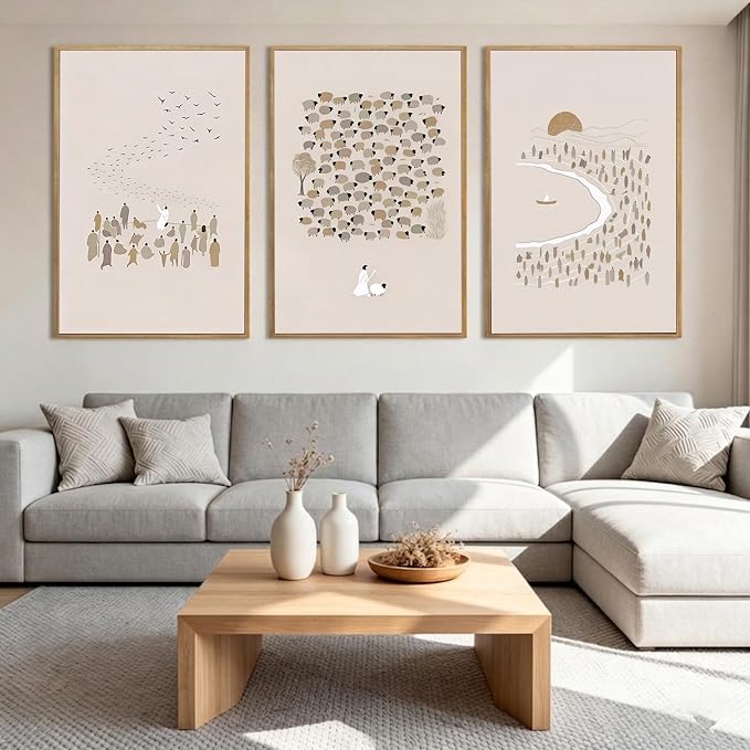 LAATOZ Large Christian Wall Art Framed Neutral Canvas Painting, Jesus Boho Artwork for Living Room Bedroom Office Hallway Stairs 24x36 Inch 3 Panels