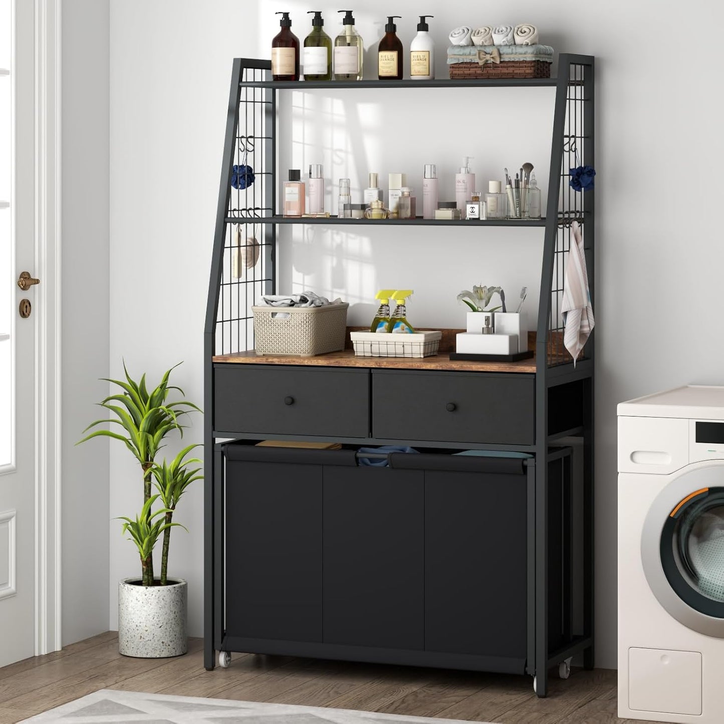 Laundry Hamper Laundry Basket with 3 Section Pull-Out Rolling Bags & 2-Tier Storage Shelf, Laundry Sorter for Organization and Storage with 2 Drawers for Laundry Room, Bathroom