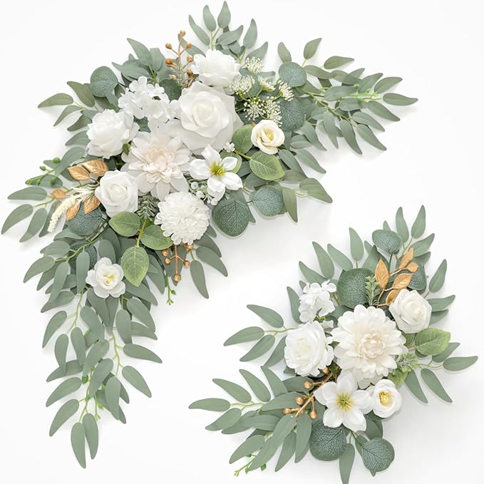 Faux Flower Swag Set of 2 for Wedding Welcome Signs Floral Swag Wedding Reception Ceremony Signs Decor (A-White)
