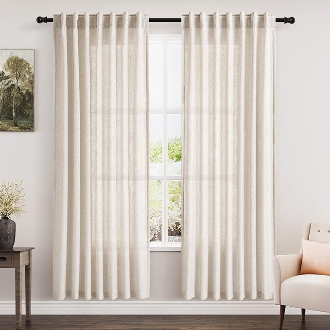 Nanspring Beige Semi Sheer Linen Curtains 78 inch Length for Living Room Back Tab Rod Pocket Modern Farmhouse Coastal Decor Beige Cotton Textured Gauze Curtains for Dining Room Office 52x78