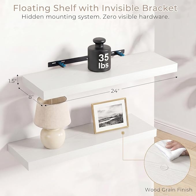 Vivelove Wall Floating Shelves for Display with Invisible Brackets, 24 Inch Floating Shelves for Bedroom Bathroom Living Room Kitchen Office, 24”X 8" X 1.4", Set of 2 - White