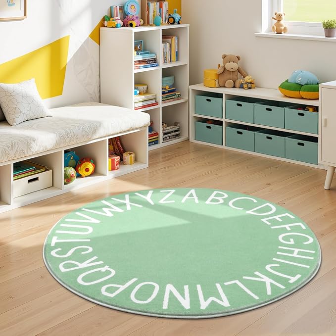 Topotdor Round Kids Play Rug Alphabet Nursery Area Rug Extra Large Soft Crawling Play Mat for Children Toddlers Bedroom (47 inch, Sage Green)