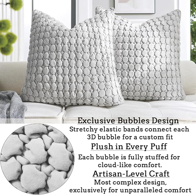 Pillow Cover 26x26 1 Piece Velvet Large Euro Sham Decorative Farmhouse Cushion Covers Soft Bubble Texture for Couch Sofa Bedroom Living Room,Gray
