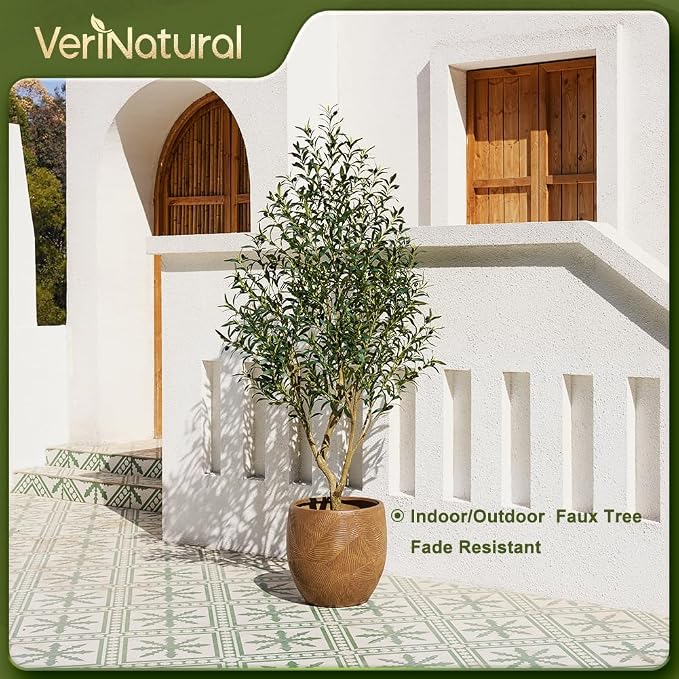 Artificial Olive Tree 7FT Fake Plants Indoor - UV Resistant Faux Olive Tree in Black Pot, Outdoor Tall Faux Silk Tree - Fake Trees for Modern Home Decor,Living Room, Office, Patio, Balcony, VN154