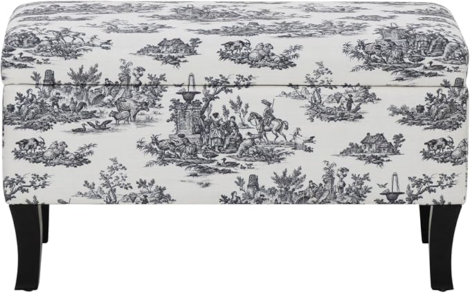 Linon Stephanie Black and White Toile Fully Upholstered Bench with Hidden Interior Storage