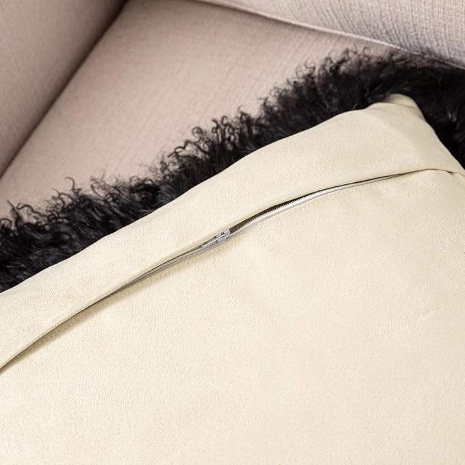 Tibetan Mongolian Lamb Fur Throw Pillow Cover 100% Real Sheepskin Fur Lamb Roll Wool Square Decorated for Livingroom Car Accessories Soft Fluffy Cushion Black 20''x20''