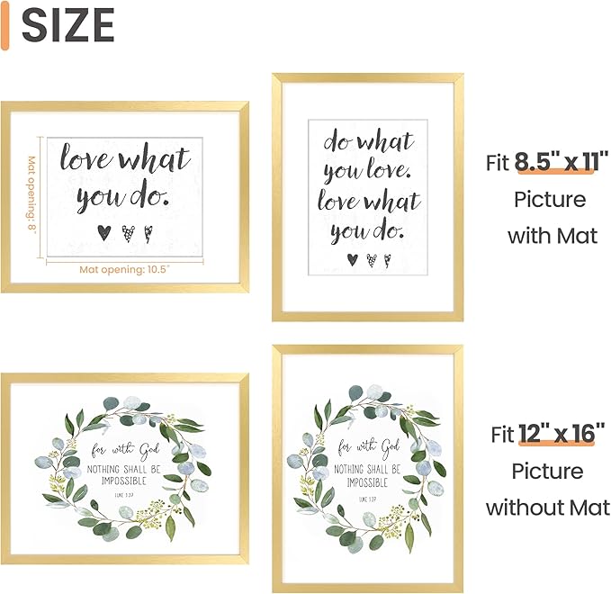upsimples 12x16 Picture Frame, Display Pictures 8.5x11 with Mat or 12x16 Without Mat, Wall Hanging Photo Frame, Gold, 1 Pack