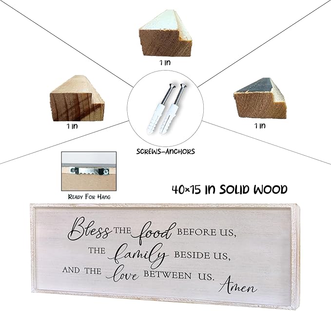 Surfapans Bless the Food Before Us Wall Decor, 40"X15" Farmhouse Dining Room Family Kitchen Sign, Christian Bible Verse Scripture Vintage Home Framed Wood Wall Art (White)