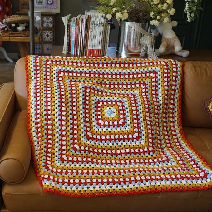 Handmade Crochet Granny Square Throw Blanket Sweater Style,Crochet Quilt,Multicolor Boho Travel Accent Throw for Sofa Comforter Couch Bed Recliner Living Room Bedroom Decor 43" x43" (A)