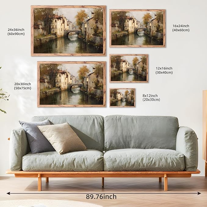 KBBYT Large Framed Wall Art European Canal Landscape Poster Canvas Print Vintage Rustic Farmhouse Painting Pictures Wall Decor Aesthetics for Living Room Apartment Decoration 24x36inch Wood Framed