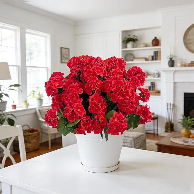Ouddy Decor Artificial Geranium Flowers for Outdoors, Fake Silk Flowers UV Resistant Faux Geraniums for Vase Planter Garden Patio Balcony Porch Indoor Outdoor Spring Summer Home Decor, 6 Pcs Red