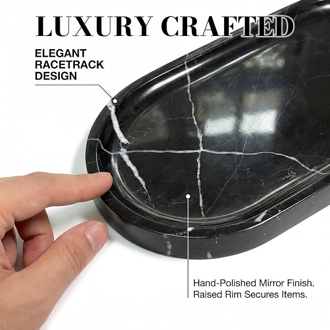 Black Marble Vanity Tray - 100% Natural Stone Bathroom Countertop Organizer for Perfume & Jewelry, 10" Decorative Plate for Toilet Tank