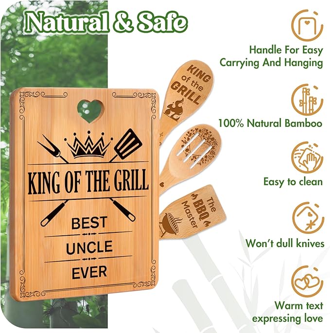 Best Uncle Gifts - "King of The Grill, Best Uncle Ever" Uncle Birthday Gifts Cutting Board Set, Bamboo-Made Engraved Utensil Set, Gifts for Uncle
