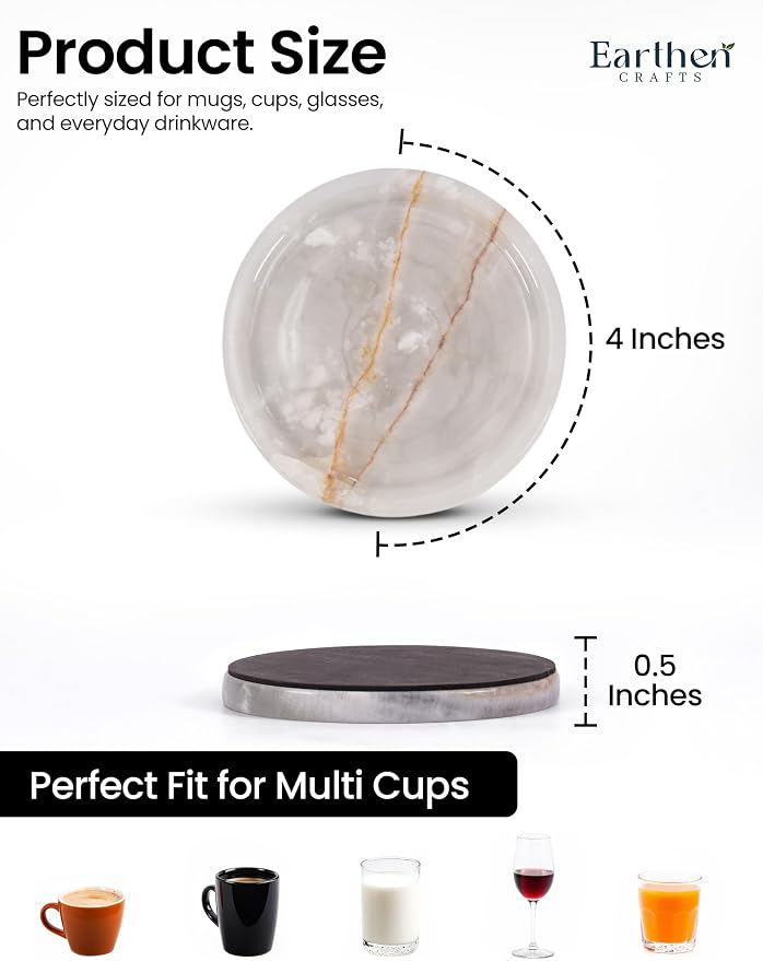 Marble Coasters Set of 4 Drink Coasters 4 Inches Cream Onyx Round Stone Coaster for Drinks, Mug, Glass, Ideal for Coffee Table Decor