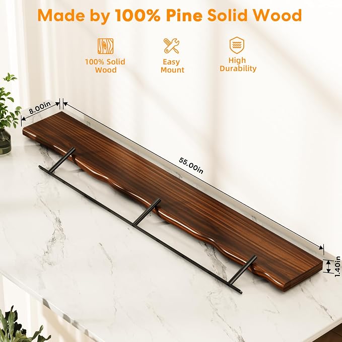 Solid Wood Live Edge Floating Shelves Set of 1 – 55" Rustic Wall Shelf with Hidden Bracket System, Wall Mounted Shelves for Bathroom, Kitchen, Living Room, Bedroom (Walnut)