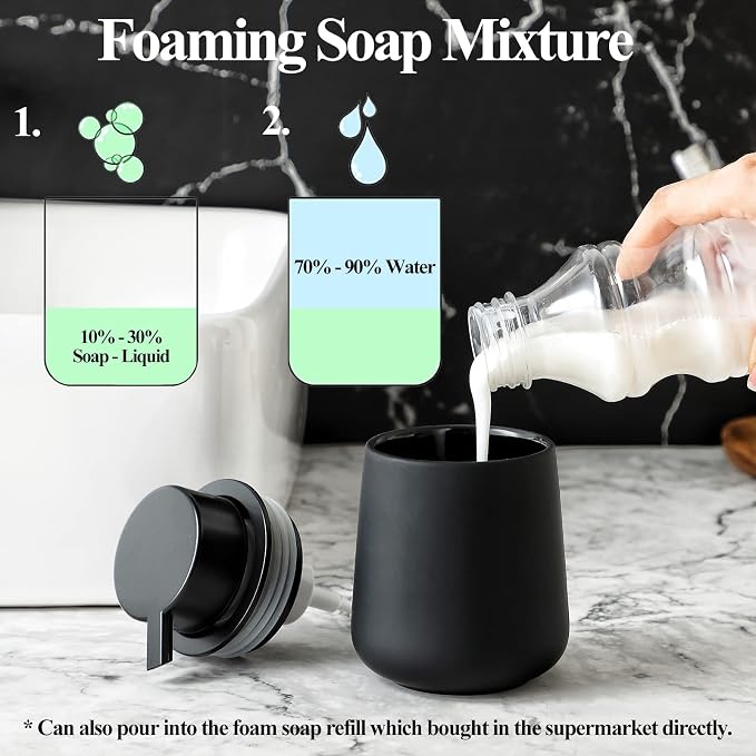 BosilunLife Ceramic Bathroom Accessories Set 3 Pcs, Foaming Soap Dispenser and Toothbrush Holder with Tray, Modern Farmhouse Vanity Decor, Black Housewarming Gift