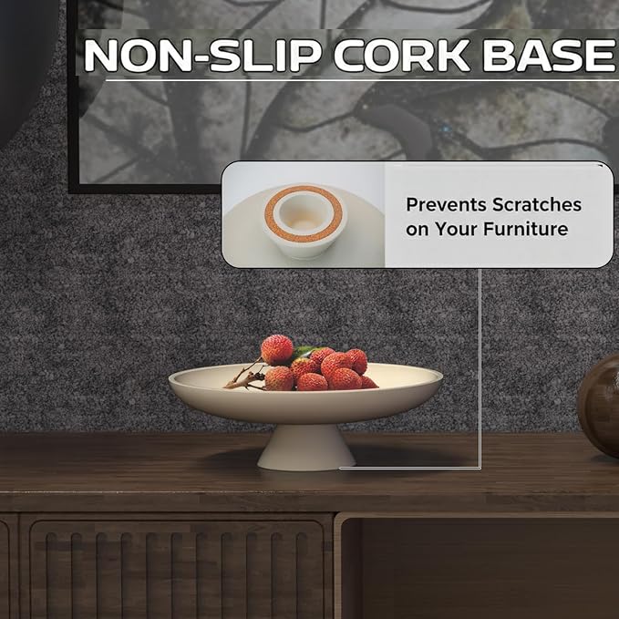 12 Inch Concrete Pedestal Catch All Fruit Key Decorative Bowl Beige | Heavy duty concrete pedestal fruit key bowl with cork base, decor for kitchen counter, entryway & coffee table storage