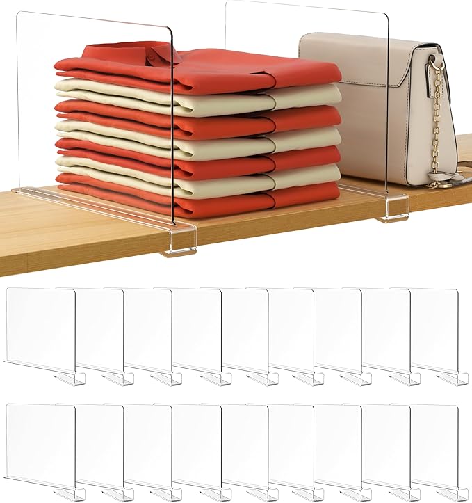 HBlife 18 Pack Clear Shelf Dividers, Vertical Purse Organizer for Closet Perfect for Sweater, Shirts, Handbags in Bedroom and Kitchen, Adjustable Acrylic Bookshelf for Organization