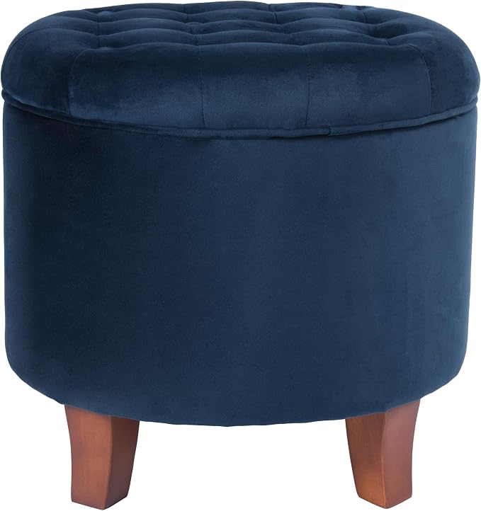 HomePop 19" Velvet Button Tufted Round Storage Ottoman - Navy Blue