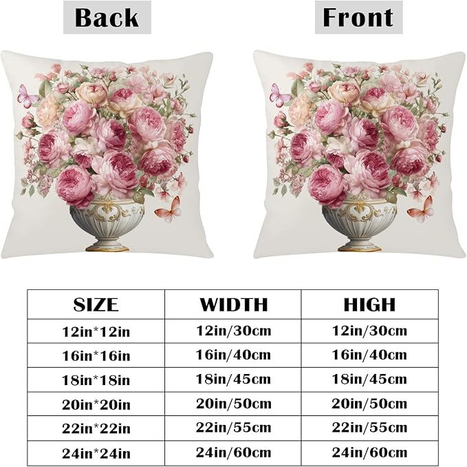 Pink Rose Pillow Covers Peony Flower Throw Pillow Covers Spring Summer Shabby Chic Floral Pillow Cases 22x22 Rustic Rose Farmhouse Cushion Cases for Home Bedroom Couch Sofa 2 Pcs