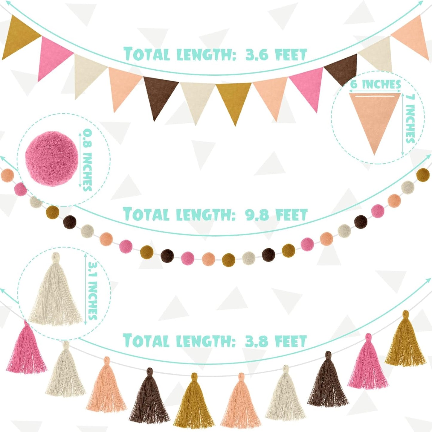 Irenare 9.8 ft Pom Pom Garland Felt Colorful Tassel Banner Christmas Party Pompoms Garland Decorations Felt Pennant Banner for Classroom Home Mantel Fireplace Birthday(Boho Color)