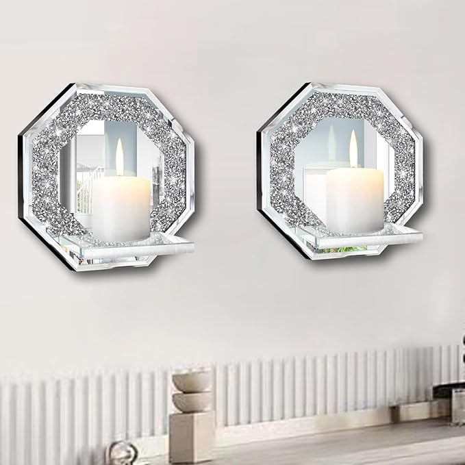 ZOLAPI Crystal Crush Diamond Wall Candle Holder Set of 2, Octagon Silver Mirrored Candle Sconces, Home Wall Decoration for Living Room, Dining Room & Bedroom.