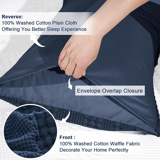 PHF 100% Cotton Waffle Pillow Shams Standard Size, 2 Pack 20" x 26" Soft Skin-Friendly Pillowcases, No Filling, Aesthetic Woven and Breathable Waffle Weave Pillow Case Covers for Bed, Blue Sapphire