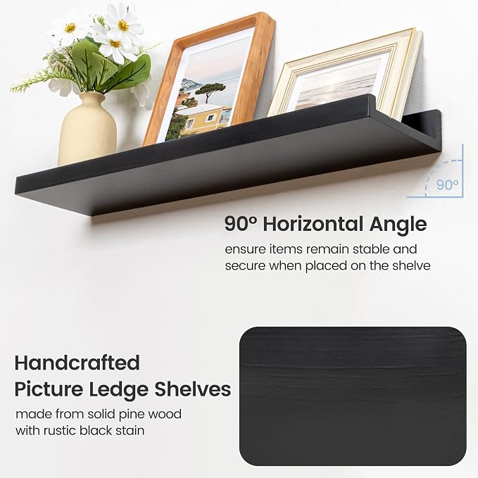 FLYJOE Picture Ledge Wall Shelves 16 inches Width Set of 3, Solid Pine Wood Rustic Floating Ledge Shelves for Wall for Kids' Room Bedroom Kitchen Bathroom Living Room Nursery Display Decor, Black