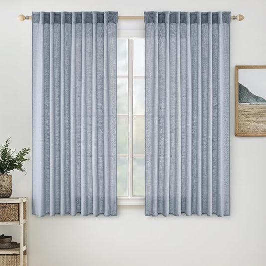 MIULEE Chambray Blue Linen Curtains 45 Inch Length 2 Panels for Bedroom Living Room, Soft Linen Textured Window Drapes Semi Sheer Light Filtering Back Tab Rod Pocket Farmhouse Modern Burlap Look Decor