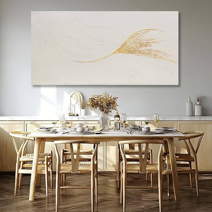 Dolidoteart Wall Art Hand Painted Oil Painting, Oversized Neutral White Gold Textured Abstract Wall Art, Long Horizontal 29x58 Inch Minimalist Wall Decor for Living Room Bedroom Above Couch