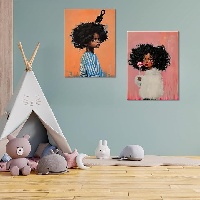 Black Kids Wall Art - Afro American Children Canvas Prints, Modern African American Portrait Paintings for Girls Bedroom, Cute Black Girl Nursery Art, Cultural Wall Decor， Framed16 x 24inches X2piece
