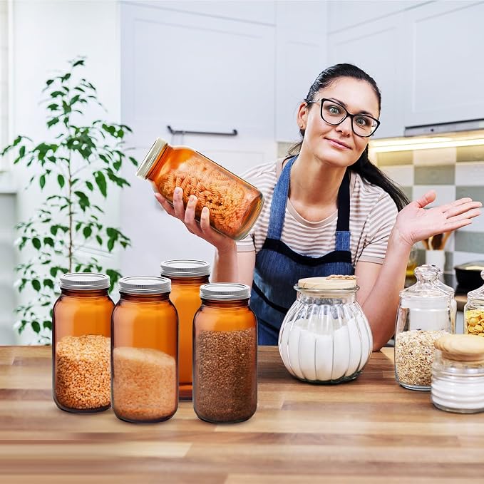 Norme 6 Pcs 64 oz Glass Mason Jars Glass Mason Jars Canning Container Set Embossed Half Gallon Fermenting Container with Airtight Lids for Canning Freezing Preserving Beverages Decor (Amber)