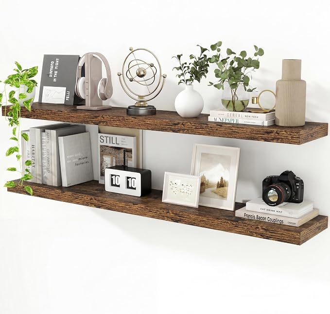 55 inch Floating Shelves for Wall, 9.3in Deep Rustic Shelves Wall Mounted Floating Shelf, Extra Long Wall Shelf for Living Room, Kitchen, Office, Floating TV Stand, 2 Packs