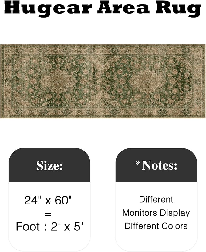 HUGEAR 2x5 Runner Rug Hallway Machine Washable Retro Green Vintage Floral Low Pile Carpet Distressed Long Throw Rug Bedroom Office Bathroom Kitchen Laundry Non Slip Soft Lightweight