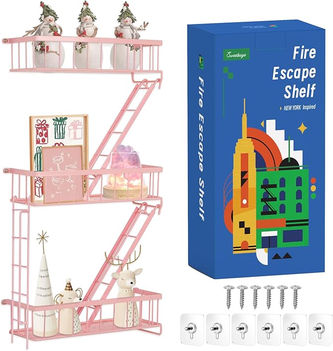 SweetSage Fire Escape Shelf - Pink Wall Decor Floating Shelves, Cute Metal Ladder Shelving for Bedroom, Home Decor Display (3-Tier)