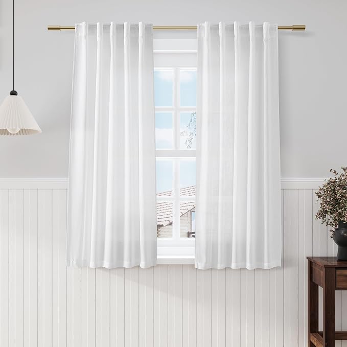 Nanspring White Solid Cafe Curtains 54 Inch Length Set 2 Panel Back Tab Pocket Drapes Semi Sheer Short Linen Textured Curtain Tiers Modern Decor for Small Bathroom Window Kitchen Basement 38x54