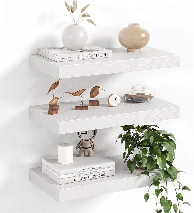 Fun Memories 16Inch Floating Shelves for Wall, 8 Inch Deep Shelves for Bathroom|Bedroom|Kitchen Wall Mounted, Wood Hanging Shelf with Invisible Brackets for Home Storage Decor, White - 3 Pack