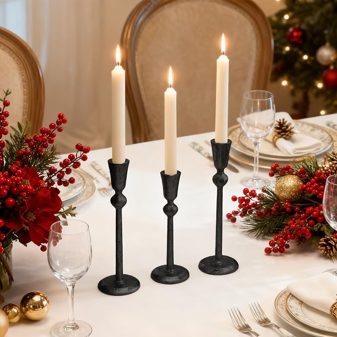 Set of 3 Antique Black Taper Candle Holders Cast Iron Candlestick Holder for Table Centerpieces Wedding Holiday Decor Vintage Decorative Candelabra Style Candle Stick Stand