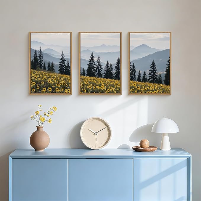 HPNIUB Large Boho Wildness Sunflowers Framed Canvas Wall Art Set, Nature Pine Tree Mountain Wall Decor, Misty Forest Landscape Art Print, Rustic Wildflower Artwork for Living Room, Bedroom,Office -16''x24''x3