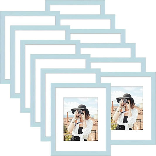 Picrit 9x12 Picture Frame Set of 12, Display 6x8 with Mat or 9x12 without Mat, Photo Frames for Wall Mounting or Table Top Display, Blue
